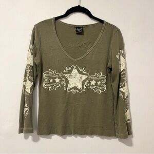 vintage sledge green 3/4 long sleeve y2k star grunge v-neck graphic tee shirt